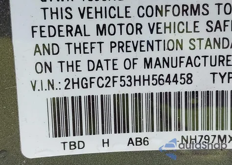 2017 Honda Civic Lx z USA, uszkodzony, nr VIN 2HGFC2F53HH564458